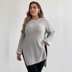 Shein Plus Pearls Beaded Split Hem Sweater